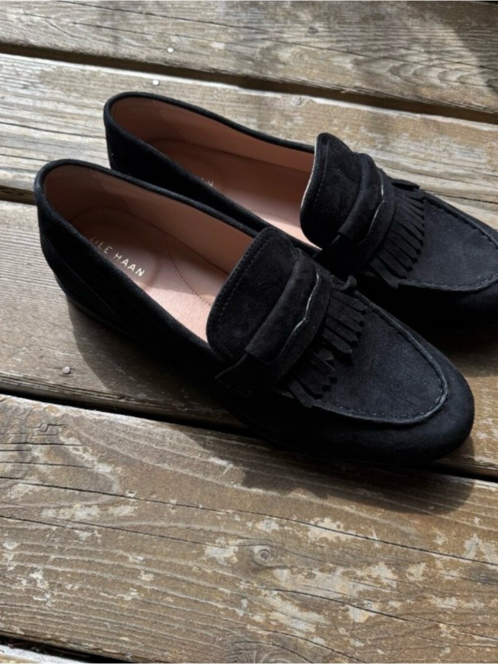NWOT Cole Haan Black Suede Tassel Penny Loafers
